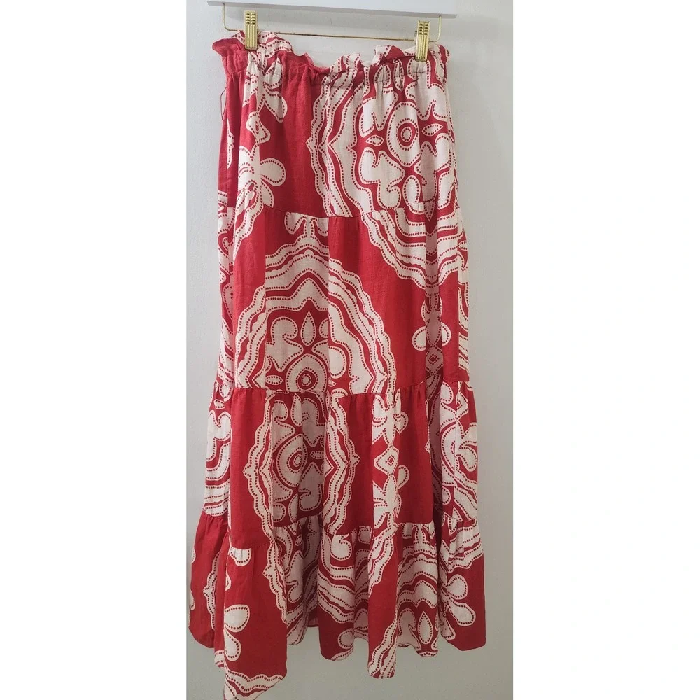 Lemlem by Liya Kebede Red White Linen Tiered Maxi Skirt Paisley Paperbag Waist S
